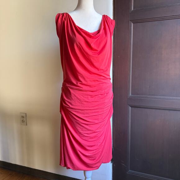 HALSTON HERITAGE | Poppy Red Cap Sleeve Overlay Dress With Draped Waist | XL - Picture 3 of 7